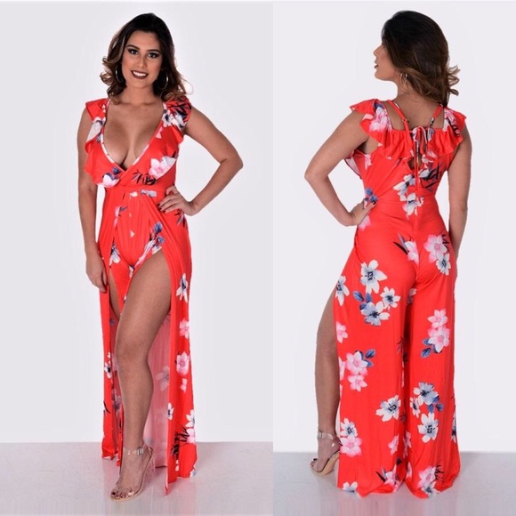 Fit Miami Style Pants - Red Floral Jumpsuit Fit Miami Style Pants - Red Floral Jumpsuit